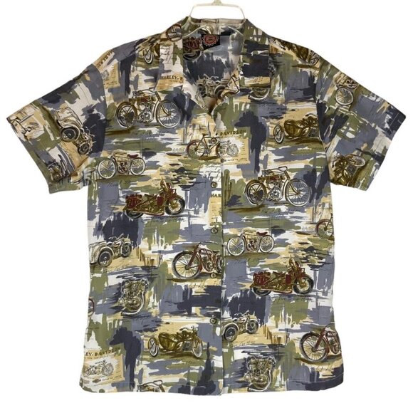 Harley-Davidson Womens Hawaiian Camp Shirt Large V-Twin Engine Motorcycle Print - Picture 1 of 11